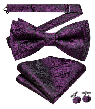 Black Purple Jacquard Paisley Bow Tie Pocket Square Cufflinks Set