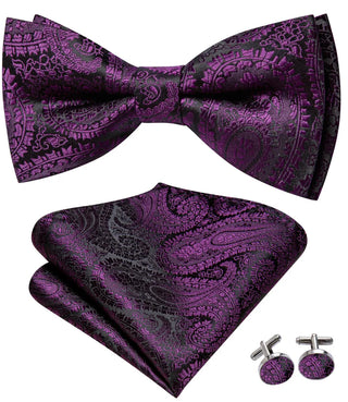 Black Purple Jacquard Paisley Bow Tie Pocket Square Cufflinks Set