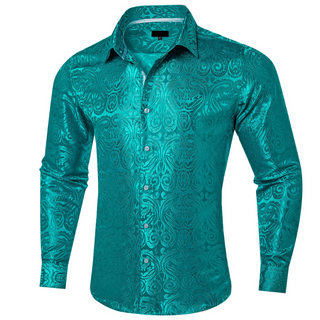 Dark Cyan Paisley Silk Long Sleeve Shirt