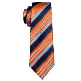 Orange Navy Blue Striped Silk Men's Necktie Pocket Square Cufflinks Set
