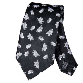 Black White Leaves Silk Necktie Pocket Square Cufflinks Set