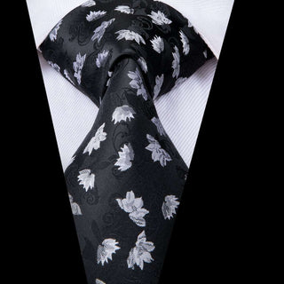 Black White Leaves Silk Necktie Pocket Square Cufflinks Set