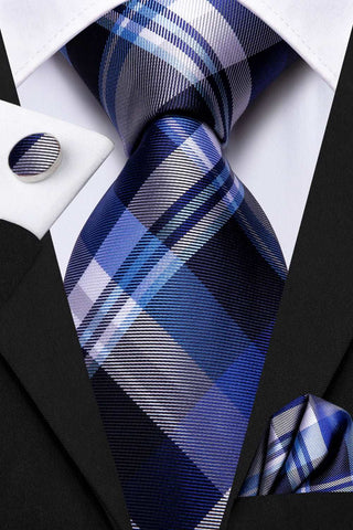 Blue Grey Plaid Silk Necktie Pocket Square Cufflinks Set