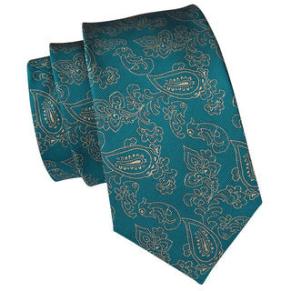 Teal Green Floral Silk Necktie Pocket Square Cufflinks Set
