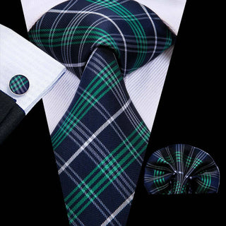 Green Blue Plaid Silk Necktie Pocket Square Cufflinks Set