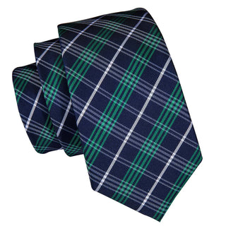 Green Blue Plaid Silk Necktie Pocket Square Cufflinks Set
