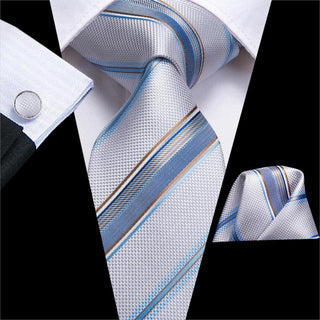 Silver Grey Blue Gold Striped Silk Necktie Pocket Square Cufflinks Set