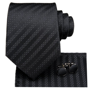 Black Polka Dot Striped Silk Necktie Pocket Square Cufflinks Set