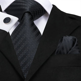 Black Polka Dot Striped Silk Necktie Pocket Square Cufflinks Set