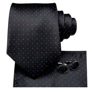 Black Red Polka Dot Silk Necktie Pocket Square Cufflinks Set