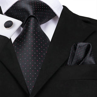 Black Red Polka Dot Silk Necktie Pocket Square Cufflinks Set