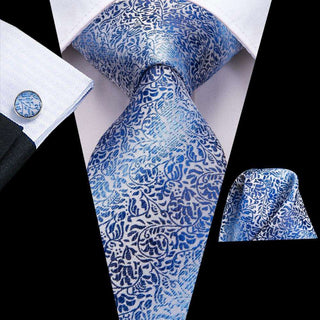 Blue White Striped Floral Silk Necktie Pocket Square Cufflinks Set