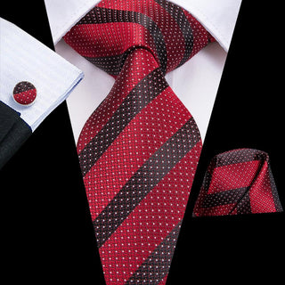 Classic Black Red Dot Striped Silk Necktie Pocket Square Cufflinks Set