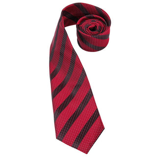 Classic Black Red Dot Striped Silk Necktie Pocket Square Cufflinks Set