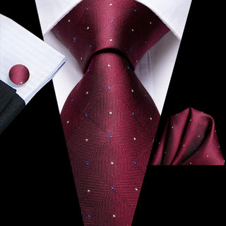Red Plaid Dot Silk Necktie Pocket Square Cufflinks Set
