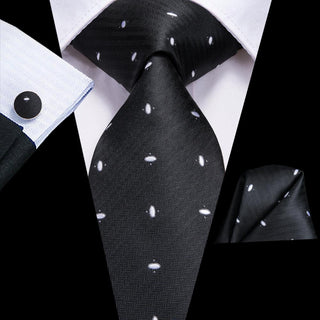 Black White Polka Dot Silk Necktie Pocket Square Cufflinks Set
