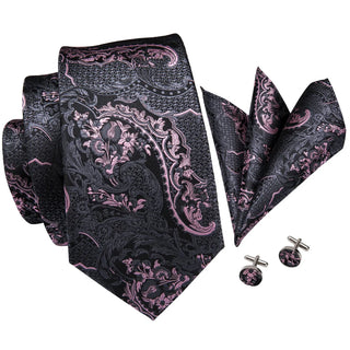 Pink Grey Paisley Silk Necktie Pocket Square Cufflinks Set