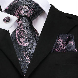 Pink Grey Paisley Silk Necktie Pocket Square Cufflinks Set