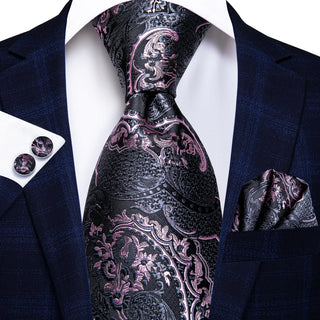 Pink Grey Paisley Silk Necktie Pocket Square Cufflinks Set