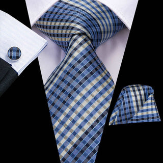 Blue Gold Striped Silk Necktie Pocket Square Cufflinks Set