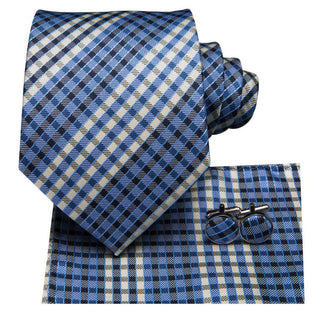 Blue Gold Striped Silk Necktie Pocket Square Cufflinks Set