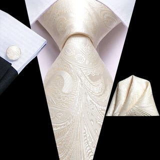 Beige Paisley Silk Necktie Pocket Square Cufflinks Set