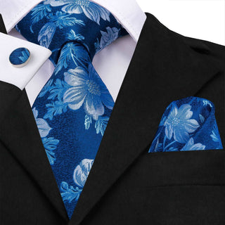 Blue Floral Men's Silk Necktie Pocket Square Cufflinks Set