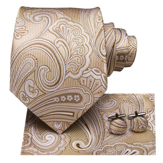 Brown Jacquard Paisley Silk Necktie Pocket Square Cufflinks Set