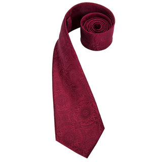 Solid Wine Red Floral Silk Necktie Pocket Square Cufflinks Set