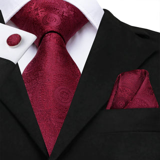 Solid Wine Red Floral Silk Necktie Pocket Square Cufflinks Set