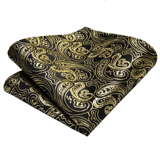 Golden Paisley Black Silk Soft Men's Necktie Pocket Square Cufflinks Set