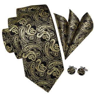 Golden Paisley Black Silk Soft Men's Necktie Pocket Square Cufflinks Set
