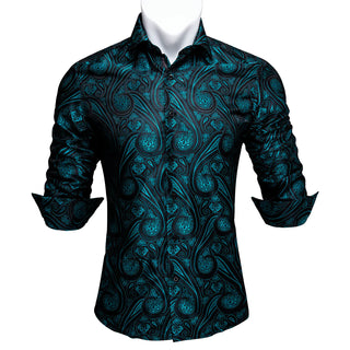 New Acid Blue Floral Silk Long Sleeve Shirt