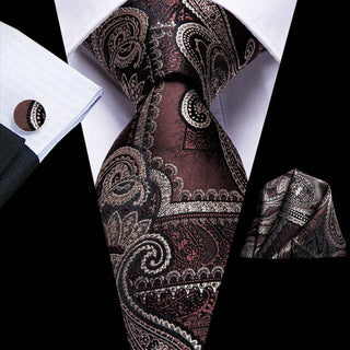 Brown Silver Paisley Silk Necktie Pocket Square Cufflinks Set