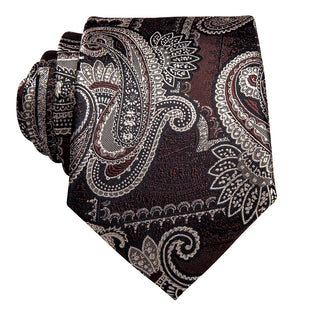 Red Brown Silver Paisley Silk Necktie Pocket Square Cufflinks Set