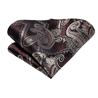 Red Brown Silver Paisley Silk Necktie Pocket Square Cufflinks Set