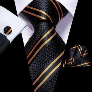 Black Gold Striped Silk Necktie Pocket Square Cufflinks Set