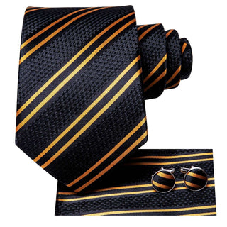 Black Gold Striped Silk Necktie Pocket Square Cufflinks Set
