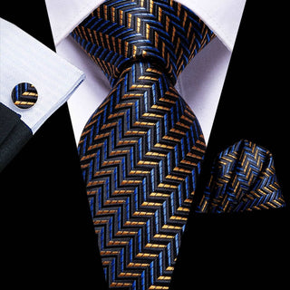 Black Blue Golden Striped Silk Necktie Pocket Square Cufflinks Set