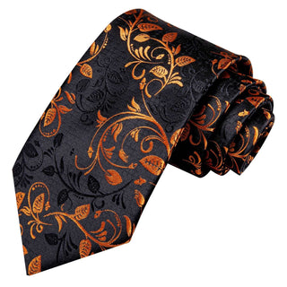 Black Golden Floral Silk Necktie Pocket Square Cufflinks Set