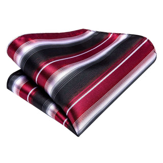 Black Red Striped Silk Necktie Pocket Square Cufflinks Set