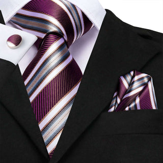Burgundy White Striped Silk Necktie Pocket Square Cufflinks Set