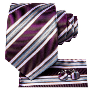 Burgundy White Striped Silk Necktie Pocket Square Cufflinks Set