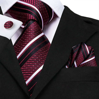 Black Red White Striped Silk Necktie Pocket Square Cufflinks Set