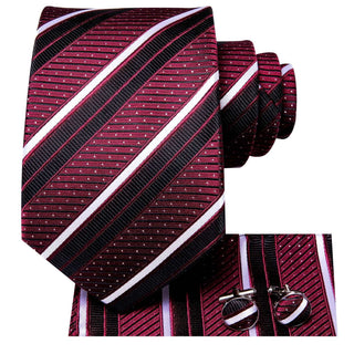 Black Red White Striped Silk Necktie Pocket Square Cufflinks Set