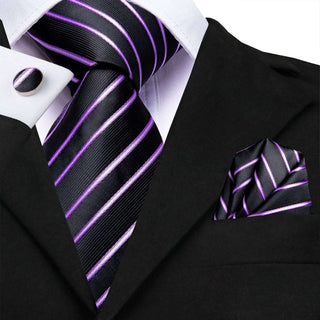 Black Pink Striped Silk Necktie Pocket Square Cufflinks Set