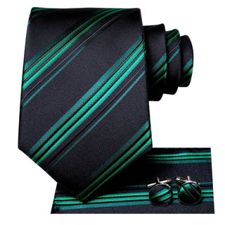 Black Green Striped Silk Necktie Pocket Square Cufflinks Set