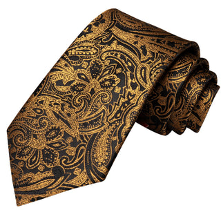 Golden Black Floral Silk Necktie Pocket Square Cufflinks Set