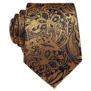 Golden Black Floral Silk Necktie Pocket Square Cufflinks Set