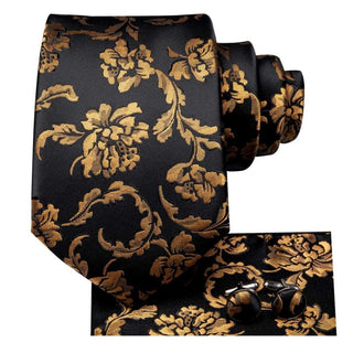 Business Floral Gold Black Silk Necktie Pocket Square Cufflinks Set